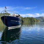Elling motor yacht anchored in the serene waters of Turnbull Cove, surrounded by lush green forests and a backdrop of mountains.